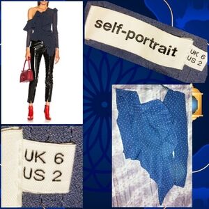 Self-Portrait Navy w/Wht Polka Dots Plumetis Ruffle Frilled Woven Blouse 2US|6UK